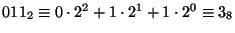 $011_{2}\equiv 0\cdot 2^{2} + 1\cdot 2^{1} + 1\cdot 2^{0} \equiv 3_{8}$